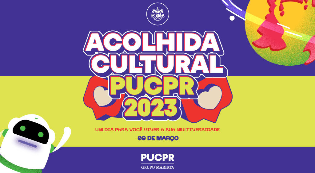 Imagem com fundo roxo com frase destacada em branco e amarelo escrito "Acolhida Cultural PUCPR 2023"